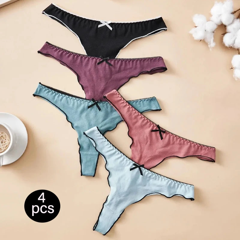 4pcs women's cotton solid color thong sexy comfortable women's underwear daily breathable T-back knitted bow cute girl low-waist.