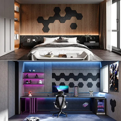 12 Pack HexagonalSelf-adhesive Acoustic Panels Sound Proof Foam Panels Y-Lined Design to Absorb Noise Eliminate Echoes Black