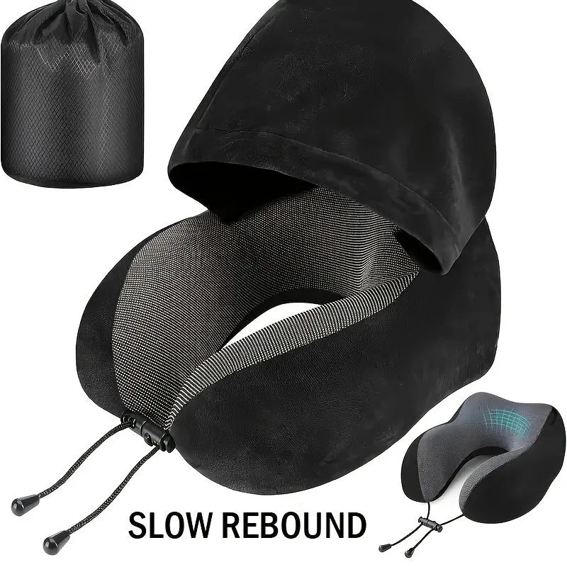 Memory Foam Hooded U-Shaped Travel Pillow with Detachable Cover Portable Neck Support for Airplane Office Nap Car and Home Use.