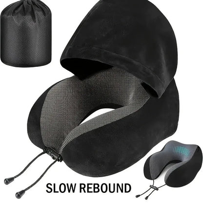 Memory Foam Hooded U-Shaped Travel Pillow with Detachable Cover Portable Neck Support for Airplane Office Nap Car and Home Use.