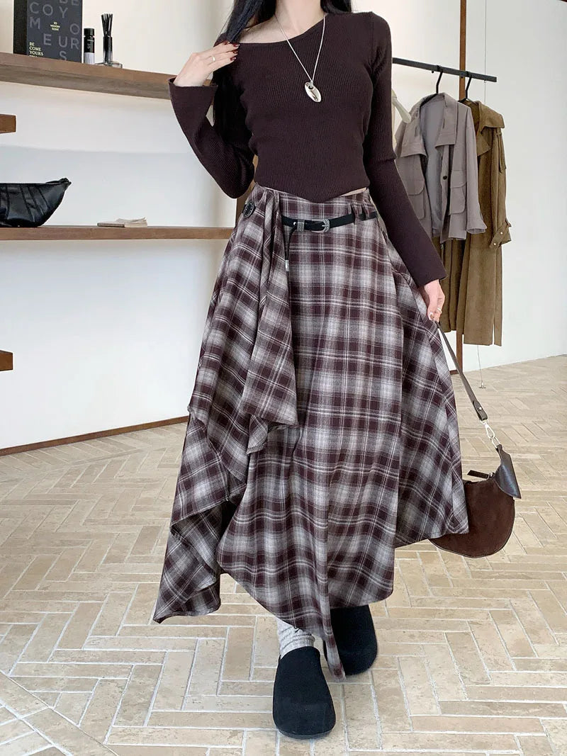 Qiukichonson Long Skirts Women Woolen Skirt 2025 Goth Autumn Winter High Waist Ruffles Asymmetrical Plaid Skirt Maxi With Belt.