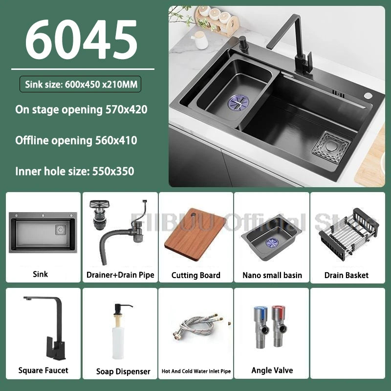 Küchenspüle, verdickter Edelstahl 304, doppelspurig, abgestuft, multifunktional, großer Einzelschlitz, Wasch-/Schnitt-/Abfluss in einem kompletten Satz