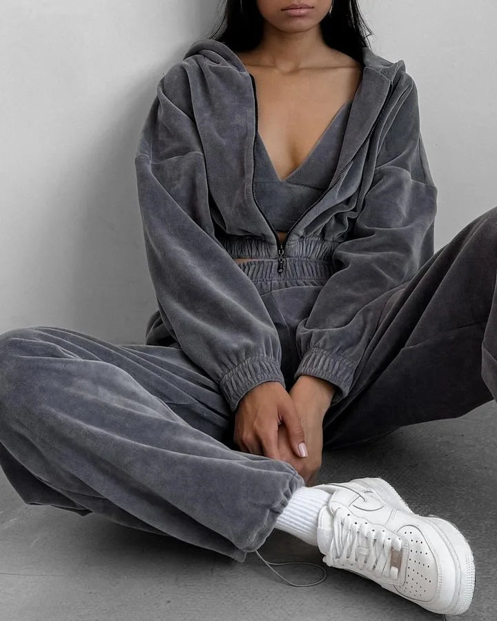 Fall Winter Women's Fashion Hooded Stand Collar Sweatshirt Set Casual Loose Fit Two Piece Streetwear Lounge Gym Ourdoor Outfit.