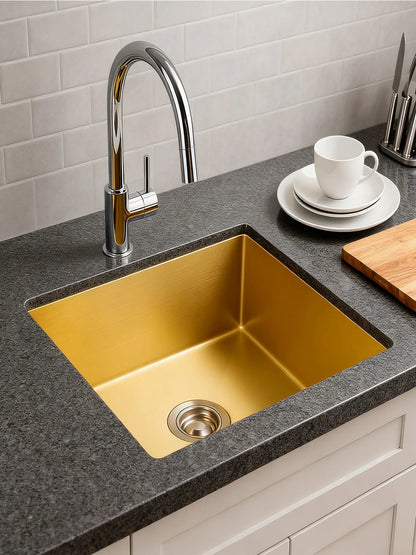 Unterbau-Küchenspüle aus Edelstahl mit abgerundeter Einzelschüssel, goldenes großes Spülbecken mit Abflussmontage