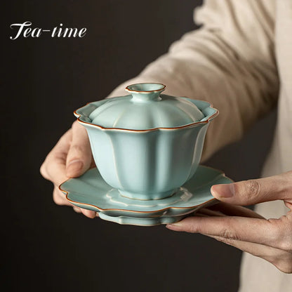 155ml Imitation Song Dynasty Azure Ru Kiln Gaiwan Porcelain Bowl Tea Bowl Tea Tureen Tea Brewing Cover Bowl Chinese Tea Set Gift.