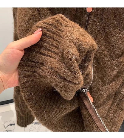 Women Autumn Winter New Lazy Style Loose Knitted Cardigan Retro Solid Color Double Zipper Turn-down Collar Sweater New Women Top.