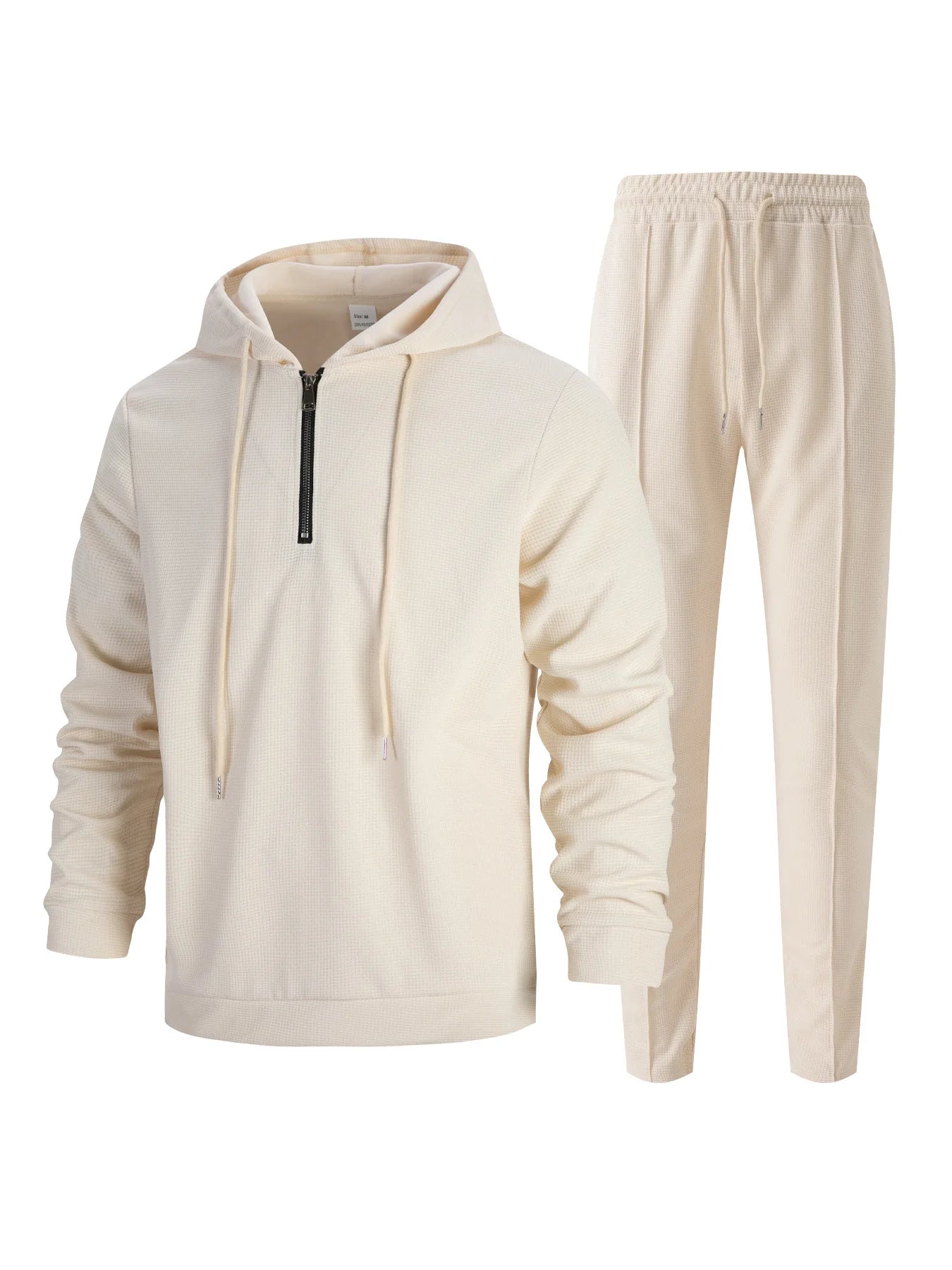 Men's Autumn Waffle Solid Color Hooded Half-Zipper Drawstring Long-Sleeved Sweatshirt And Long Pants Set Casual Comfortable Outf.