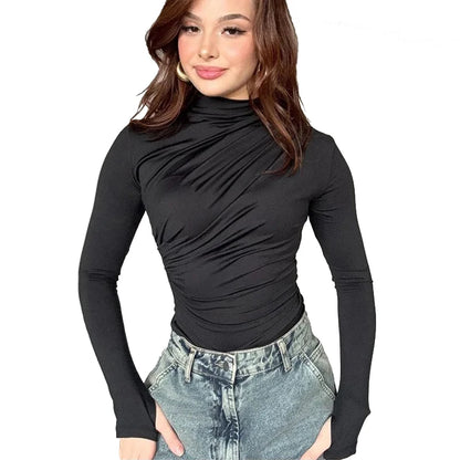 Gtpdpllt Women Tees Sexy Turtleneck Long Sleeve Pleated Basic Women's T-shirts 2025 Spring Autumn Fashion Chic Female Streetwear