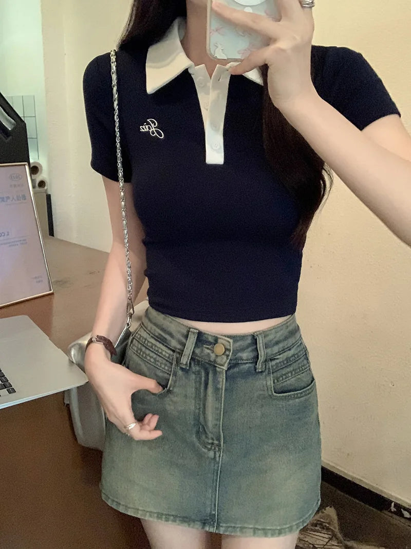 Original Quality Short Sleeve Polo Neck T-Shirt Women's Slim Fit Waist Cinched Sexy Design Casual Sweet Style Polyester Fabric.