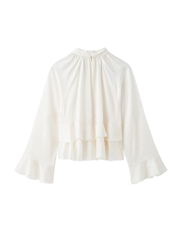 Women's Long Sleeve Ruffled Blouse Stand Collar Chic Fashion Top Elegant Female Shirt.