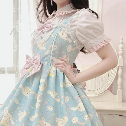 Anime My Melody Lolita Kleid Cinnamoroll Prinzessin Kleid Kuromi Süßer süßer Druck Schleife Spitze Party Trägerkleid Kawaii Academy Kleid.