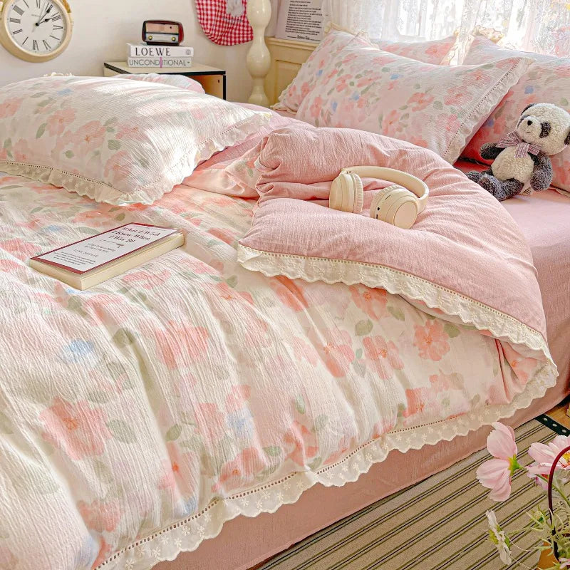2025 new small fresh printing French lace lace double four-piece set bedding wrinkled yarn student three-piece set