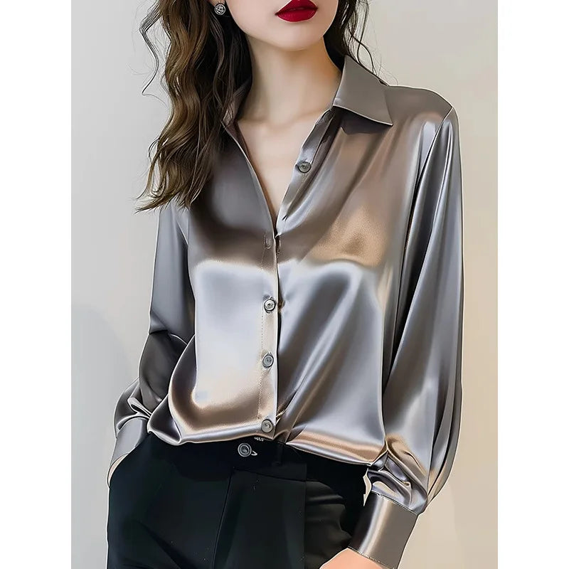2025 Summer Women's Satin Shirts Elegant Plain Long Sleeve Blouse Office Lady Button-Up Shirt Top Female Shirts Blouse Autumn.