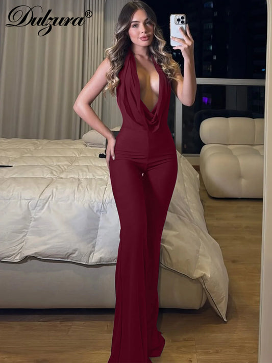 Dulzura Summer Solid Sexy Halter Swinging Collar Backless Slim Lace Up Flared Jumpsuit Women'S Fashion Elegant Party Club Romper.