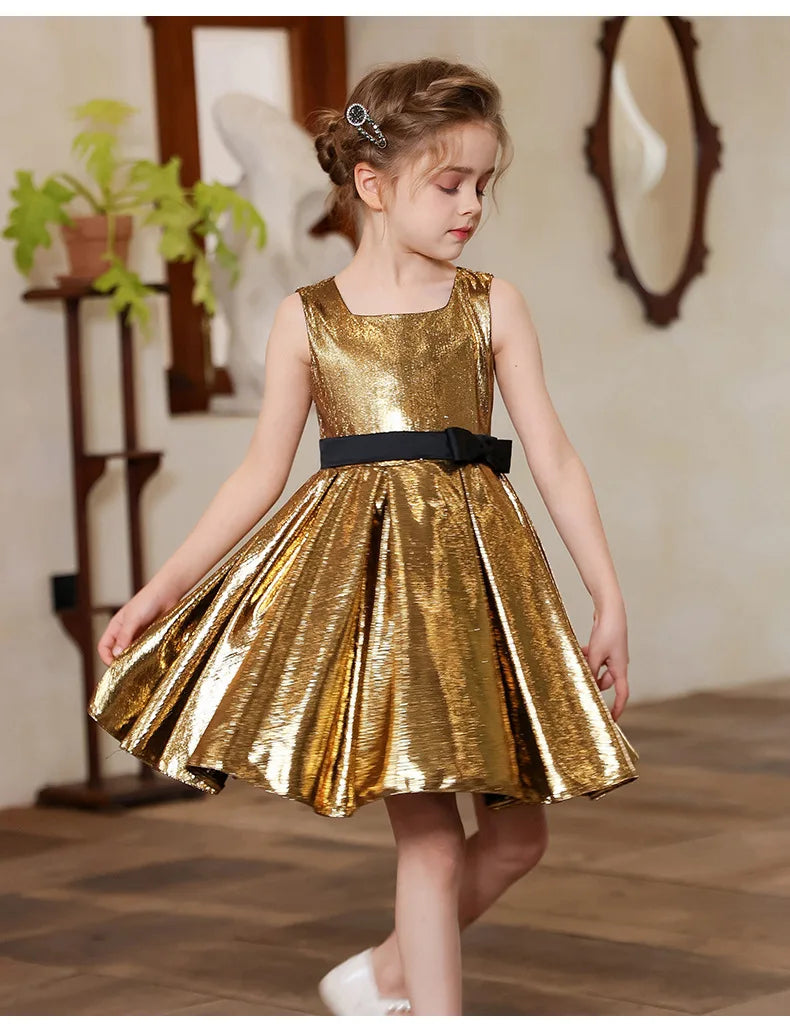 Teenager Mädchen Gold Glänzendes Bühnenkleid Kinder Hochzeit Klavier Performance Luxus Dressing Kostüm Größe 110-170.