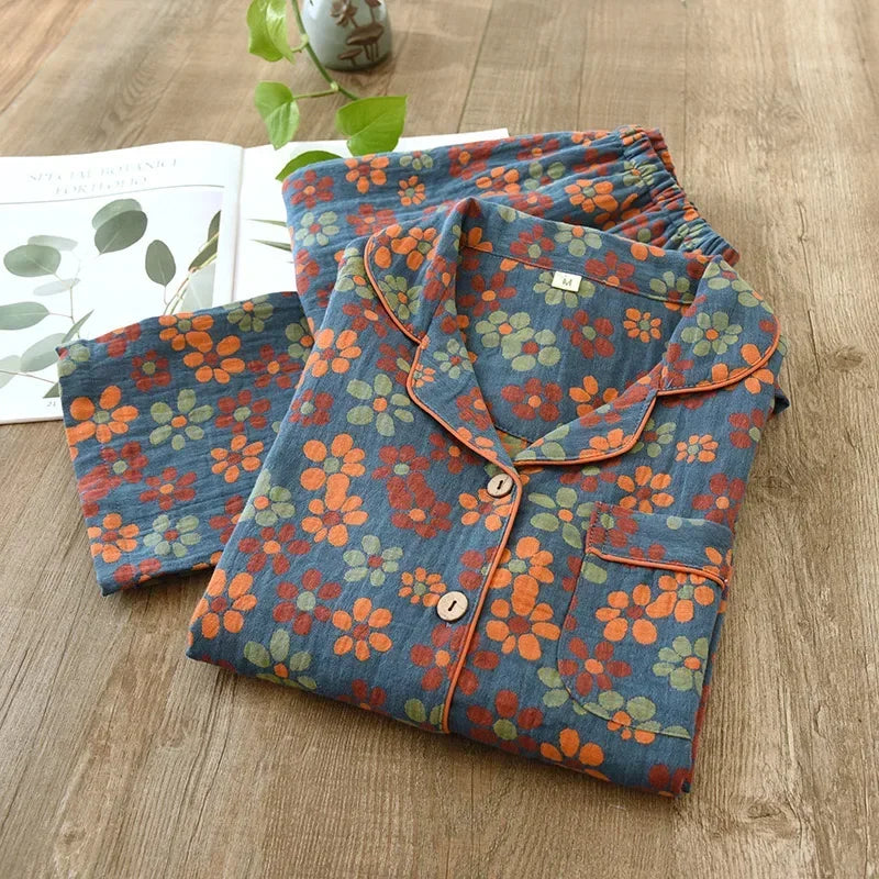 100% Cotton Crepe Homeclothes 2023 Autumn/Winter Women's Pajamas Suit Long-Sleeved Trousers 2-piece Yarn-Dyed Jacquard Pajamas