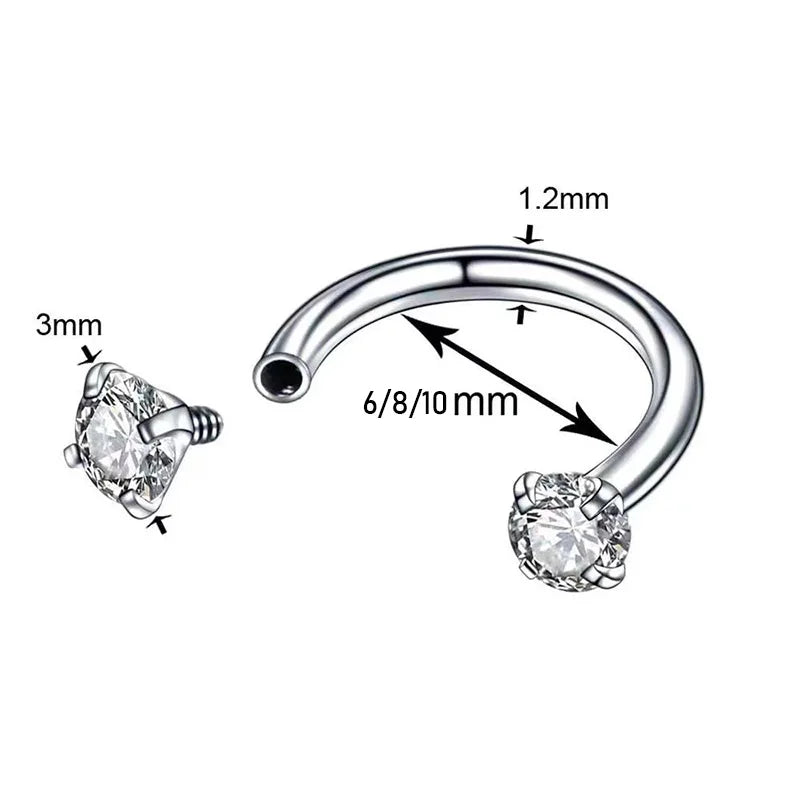 2Pcs 6/8/10mm Stainless Steel Zircon Piercings Earrings Horseshoe Ring Piercing Nose Ear Belly Rings Body Jewelry For Women/Men.