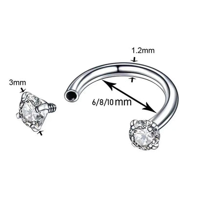2Pcs 6/8/10mm Stainless Steel Zircon Piercings Earrings Horseshoe Ring Piercing Nose Ear Belly Rings Body Jewelry For Women/Men.