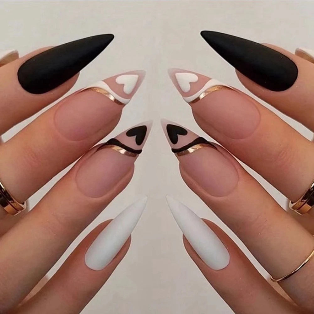 24pcs/set Long Stiletto Fake Nails Punk Snake Pattern Black White Matte False Nails Artificial Full Nail Tips Manicure Tools