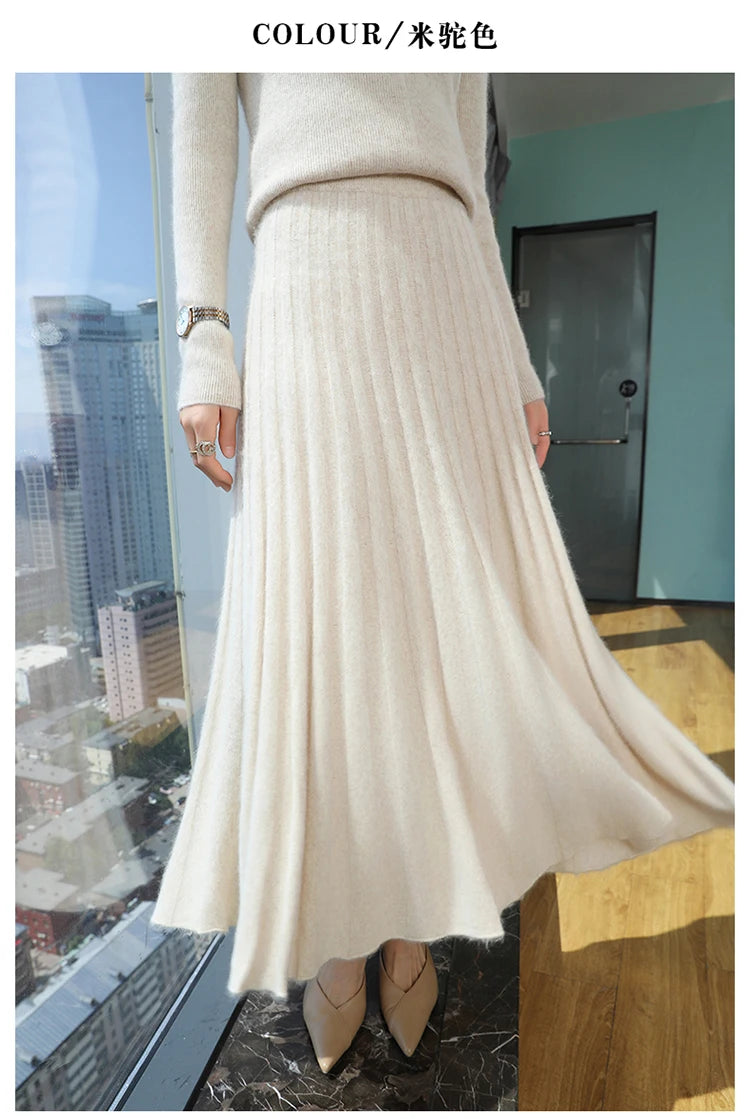 mink cashmere skirt Fashion long dress women A-line skirt autumn winter loose pleated skirt elegant high-waisted skirt ladies.