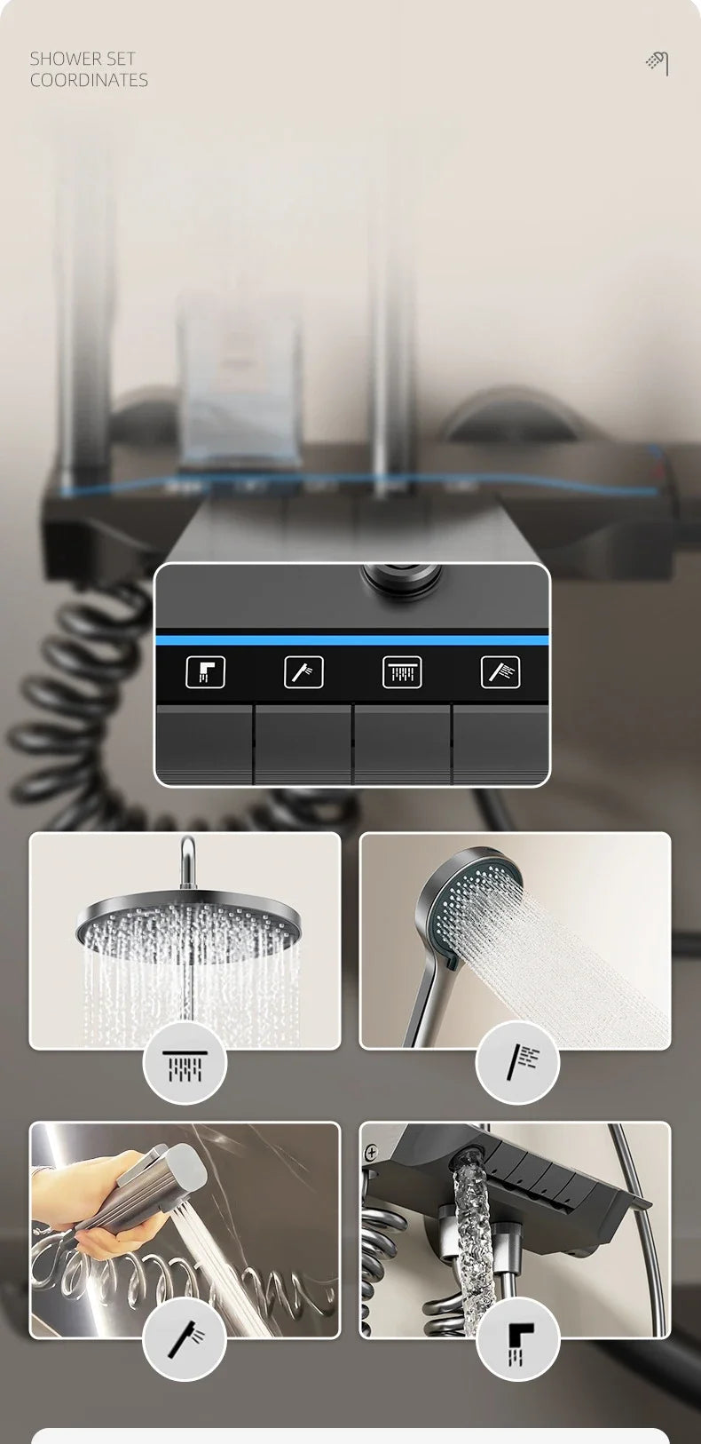 Four Ways Water Outlet Shower System Smart Digital Bathroom Shower Faucet Set Temperature Display Rainlfall Sunflower Shower Set