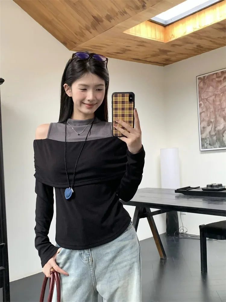 Retro American Shoulder Bared Long Sleeve T Shirt Women Spring Autumn Spicy Girl Fake Two Piece Base Shirt High Collar Polyester.