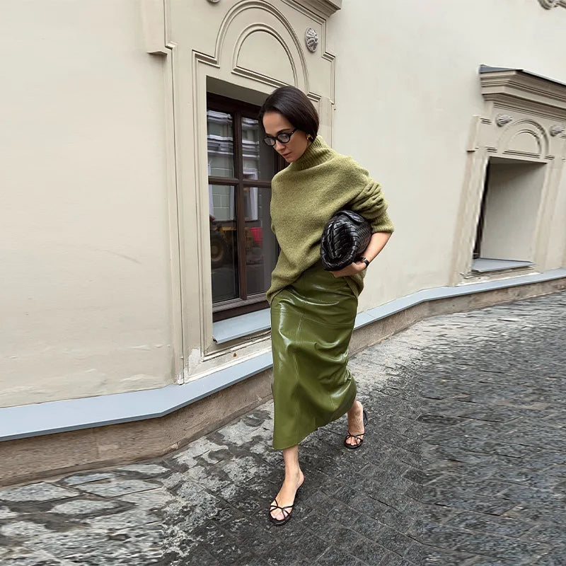 Chic Stand Collar Leather Long Skirt Sets Women Long Sleeve Jackets Spliced Solid Skirts 2025 Autumn Lady Y2k Outfits dress