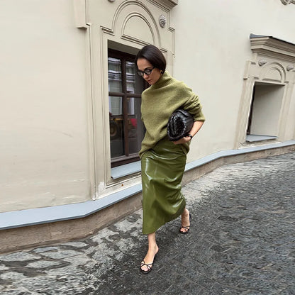 Chic Stand Collar Leather Long Skirt Sets Women Long Sleeve Jackets Spliced Solid Skirts 2025 Autumn Lady Y2k Outfits dress