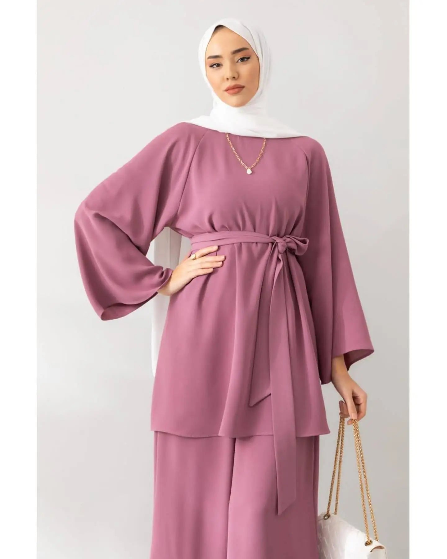 Eid Muslim Two Piece Set Islam Women Lace Up Shirt Wide Leg Pants Suits Ramadan Turkey Outfits Modest Morocco Abayas Ensembles.