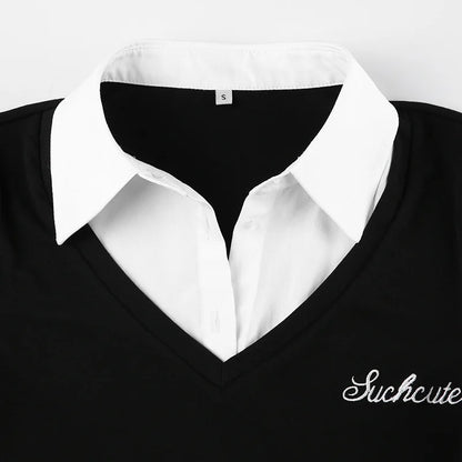 Women's Short Sleeve T-Shirt, Slim, Turn-Down Collar, Preppy Style, Patchwork, Casual, Summer Fashion, Fake 2 Piece, 2024.