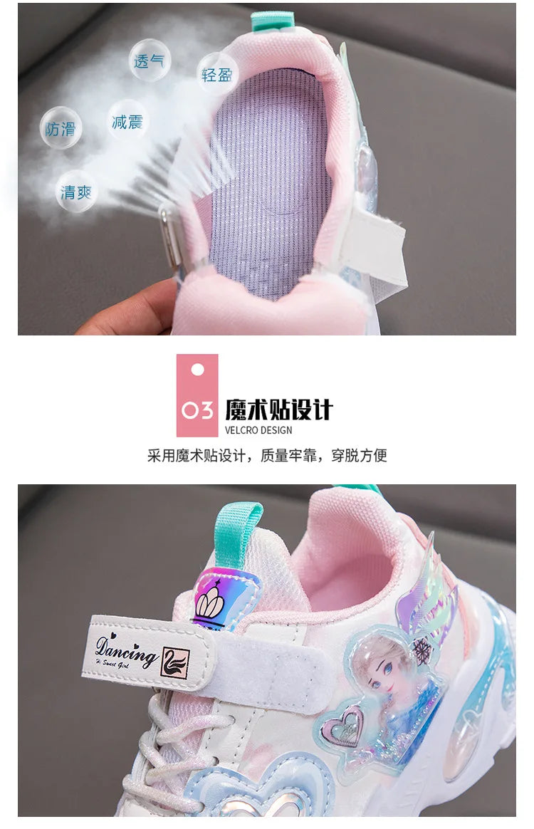 Disney Girls' Casual Shoes Frozen Priness Elsa Sneakers Mesh Leather White Breathable Sole Children's Sport Shoes Size 26-37