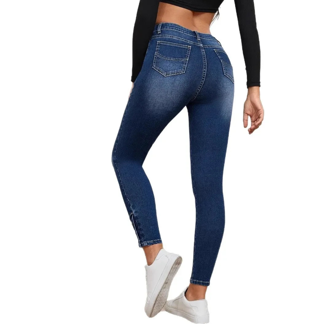 Elastic Women's Jeans Nine-Piece Buttoned Slim Fit Blue Polypropylene Women's Pencil Pants Tight-Fit Trousers.