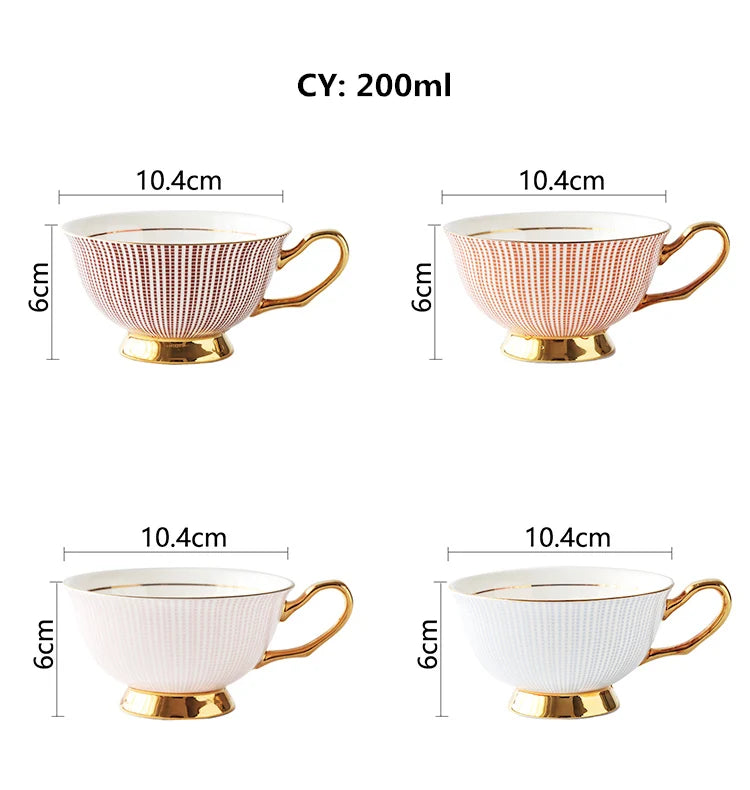 Bone China Tea Cup Saucer Spoon Set 200ml Elegant Coffee Cup Gold Porcelain Tea Set Ceramic Teacup Cafe Espresso Cup British Mug.