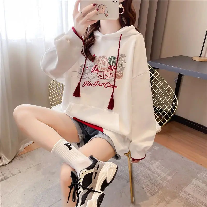 Embroidered Hoodies Sweatshirt for Women Chinese Style Cheap on Promotion Y 2k Vintage Coat Spring and Autumn Woman Hooded Tops.