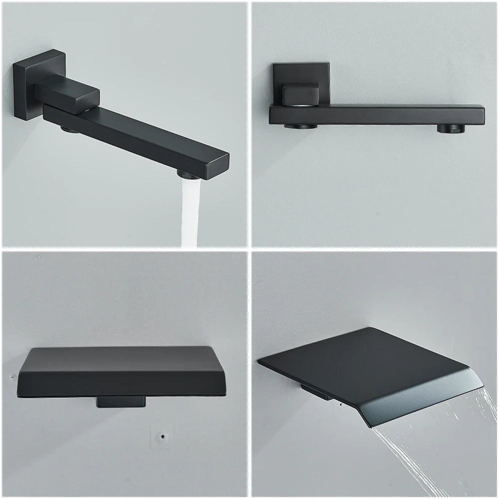 Black Concealed Shower System Rain Waterfall Bathroom Embedded Shower Faucet Set with Tub Spout