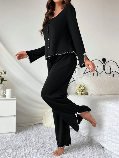 Europe hot-selling new pajamas black fungus edge long-sleeved trousers two-piece set comfortable high-end loungewear.