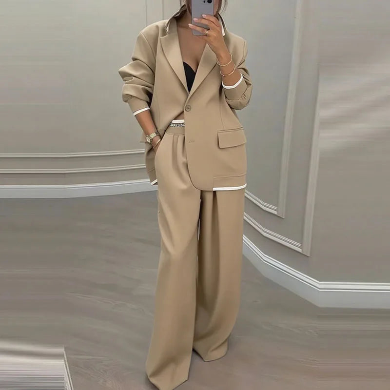 Autumn Single Button Lapel Top Blazer And Pant Suit Sets Woman Elegant Solid Two Piece Outfits Winter Long Sleeve Commuter Suits.
