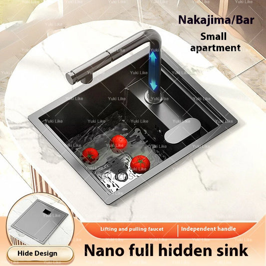 Small Hidden Sink Stainless Steel Kitchen Sink Mini Bar Single Slot Touring Car Wash Basin With Cover Plate Apartment