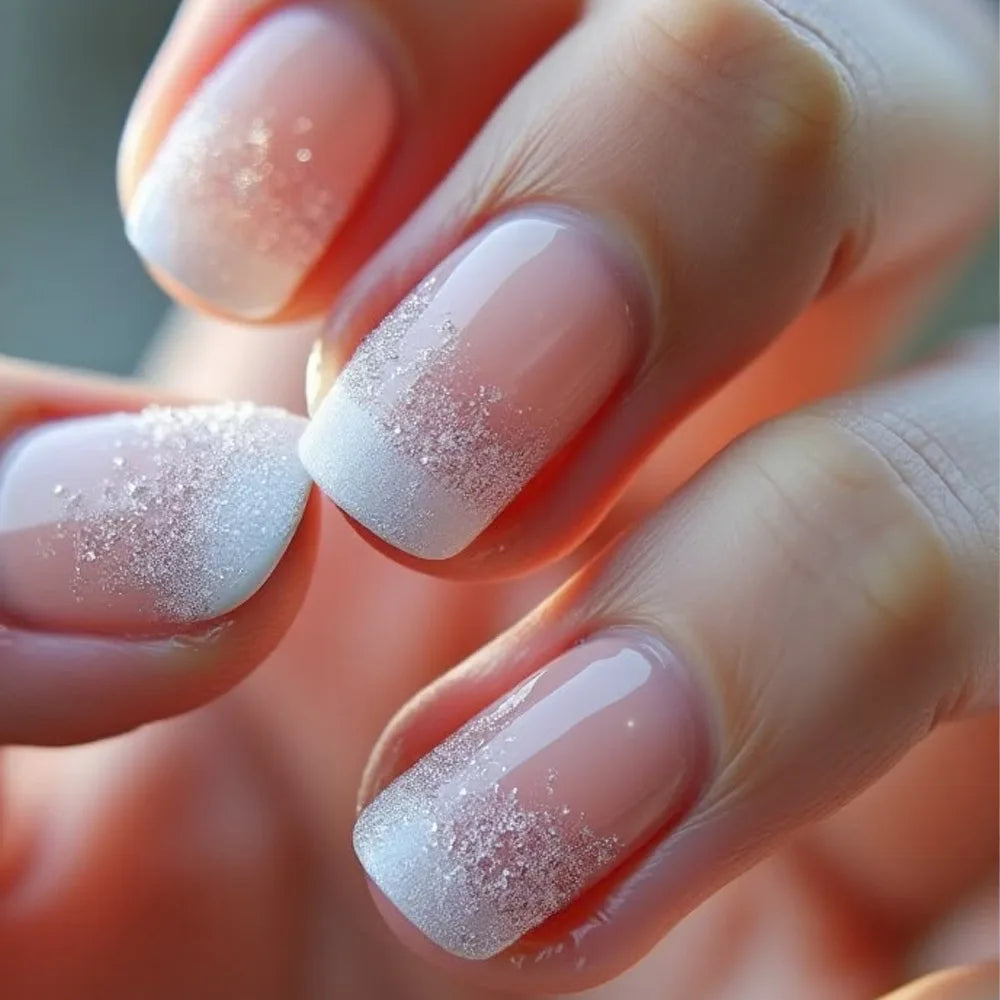 24Pcs Short False Nails with Shimmery Powder Ballet Nail Art Full Cover French Sheer Wearable Nail Manicure Tips for Girls Daily