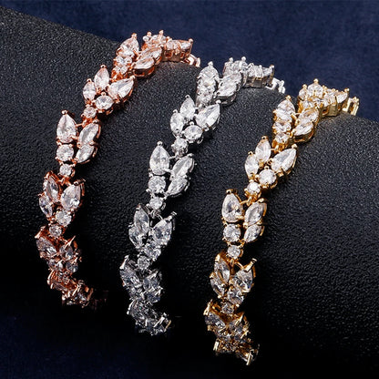 ZAKOL Luxury AAA Cubic Zirconia Wedding Bracelets for Women High Quality White Gold Color Leaf Charm Bracelet Bangles.