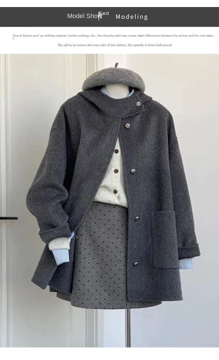 Grauer doppelseitiger Wollmantel mit Kapuze für Damen im Herbst und Winter 2025, neuer High-End-Mantel im Hepburn-Stil.