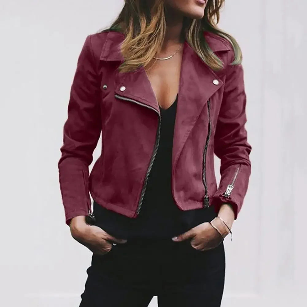 Biker Kurze Pu-Lederjacke Damen Einfarbig Revers Langarm Zip Up Kurze Jacke Mantel Punk Zip-Up Revers Kurzmantel Jacke.