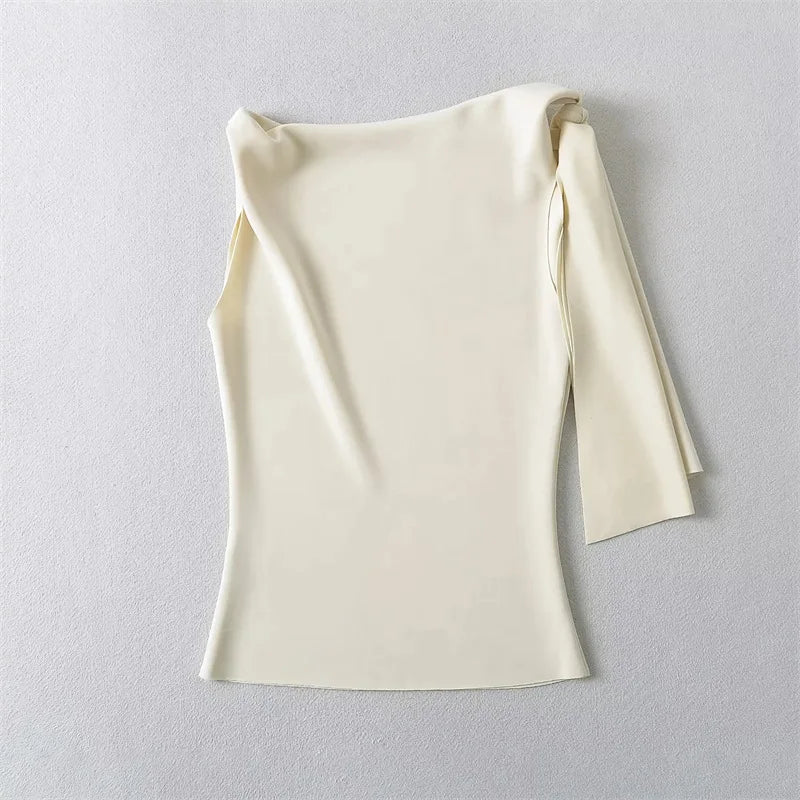 Women Sleek Stretch Knotted Top Fuchsia SLEEVELESS WITH BOAT NECK  ONE-SHOULDER TIE.