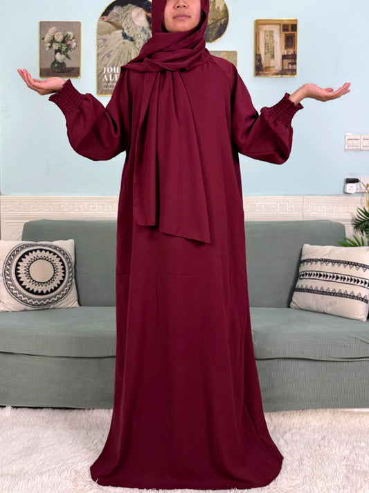 Muslim Abaya Ramadan 2025 For Women Pure Cotton Loose Prayer Femme Robe Elastic Cuffs African Dress With Connected Hijabs Scarf.