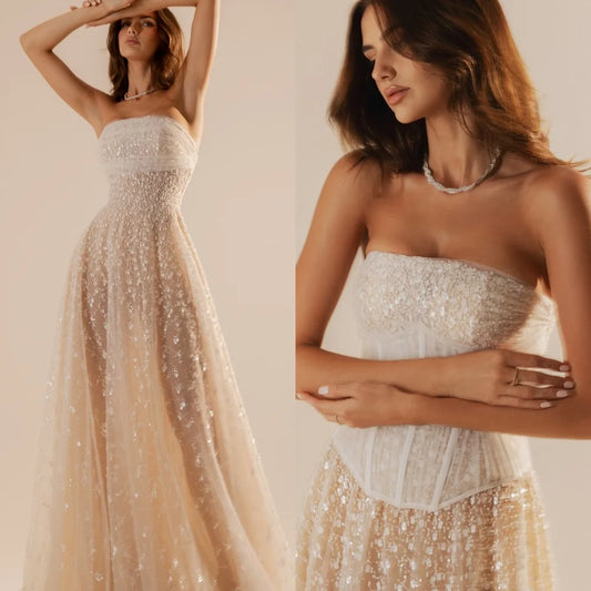 Maßgeschneidertes Temperament, trägerloses, ärmelloses Abendkleid, hochwertige Tüll-Abschlussballkleider, zarte Blumen, Brautparty-Kleider