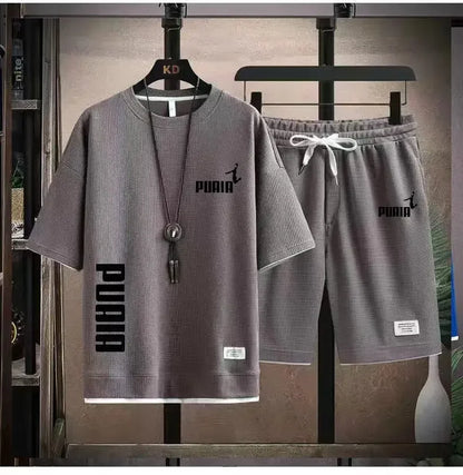 Summer 2025 Men's breathable fitness set, round-neck sports short-sleeved T-shirt + casual running shorts, 2-piece set, M-3XL.