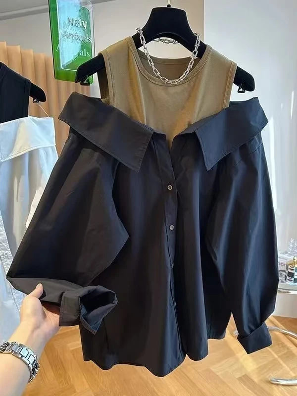 New Off The Shoulder Blouses Women Slim and Loose Tank Top Spliced Long Sleeve Shirts Autumn Round Neck Fashion Shirts Women Top.