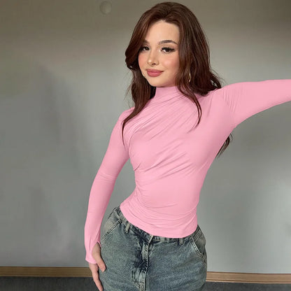 New fashion women's casual slim fit pleated high neck long sleeved solid color top t-shirt.
