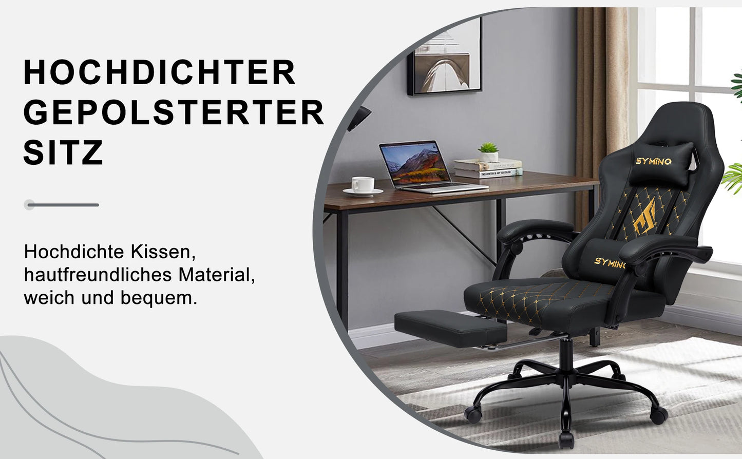 Symino Gaming-Stuhl im Rennstil, Bürostuhl mit Fußstütze und verstellbaren Armlehnen, 200 kg Tragfähigkeit