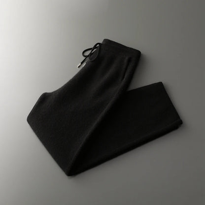 4PINK Thickened 100% Pure Cashmere Pants Men High Waist Knitted Wide Leg Pants Solid Color Lace Up Straight Pants Elastic Waist